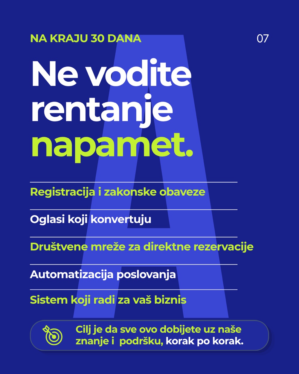 Na kraju 30 dana: registracija, oglasi, društvene mreže, automatizacija i sistem koji radi za biznis.